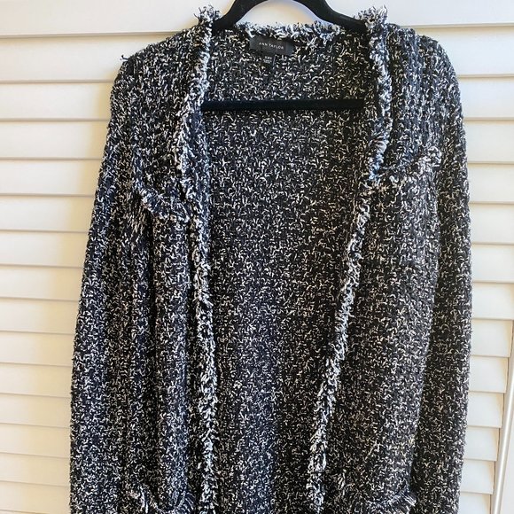 Ann Taylor Long Black and White Cardigan Sweater with Frayed edges - Picture 2 of 6